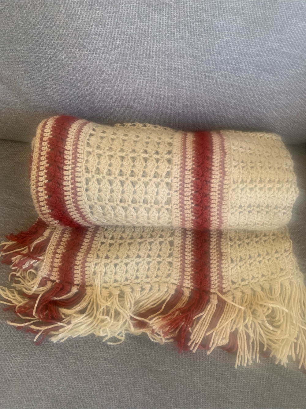 Handmade Crocheted Fringe Throw Blanket Cream and Rust Stripes 58x72 approx - Picture 3 of 3
